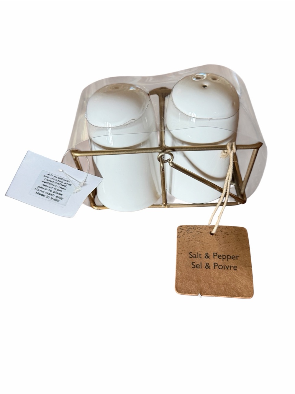 White Ceramic Salt & Pepper Shakers with Gold Metal Holder